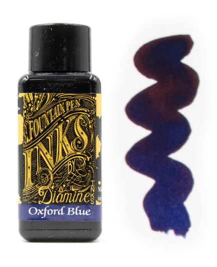 bottled Diamine Oxford blue ink, with a swatch showing the actual colour