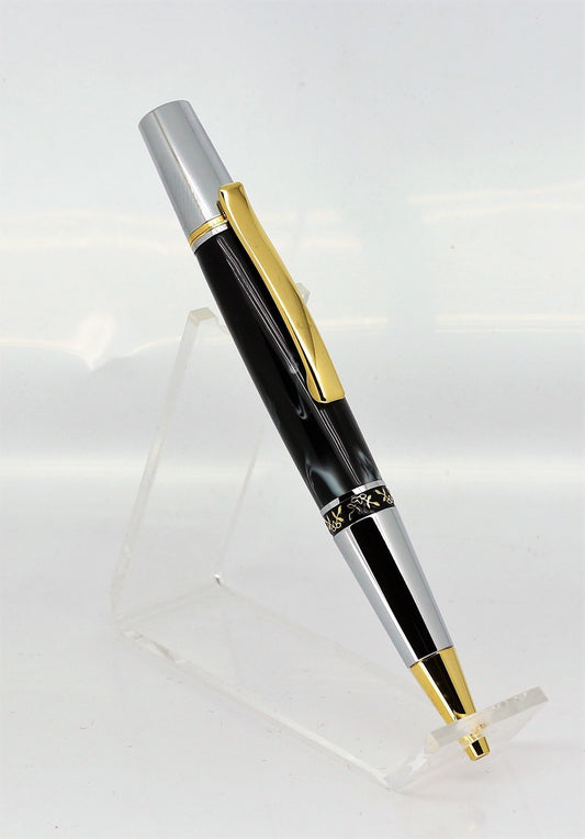 A Ball point Parker style pen in grey swirl effect smooth acrylic, it has Chrome gold plated fittings. The nib end is Chrome plated going down to a nice slim gold plated nib. The clip is  also gold plated to give a nice sleek look and is around 4mm wide to help keep it secure where ever you decide to put it