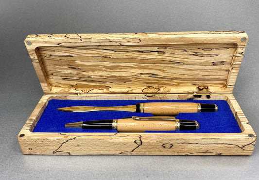 Spalted Beech wood hand crafted presentation box with its lid open showing one hand crafted and turned pen and one Letter opener made from Beech wood and  both have Gold Plated fittings